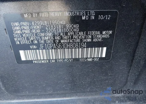 2013 Subaru Impreza 2.0I Sport Limited из США, поврежденный, VIN JF1GPAS63DH808194